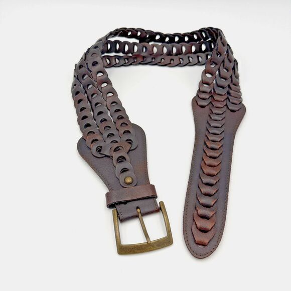 Italian Leather Belt Unique Vintage Boho Women’s Wide Brown Chain Braided 38”x3” main image 9